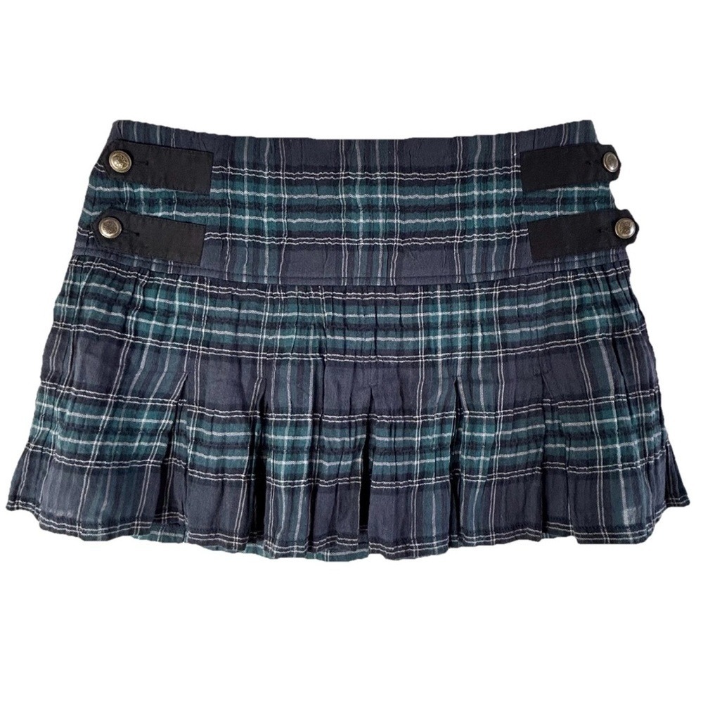 Bebe Plaid Pleated Mini Skirt Navy Teal Green Military Button Size 6 NWT